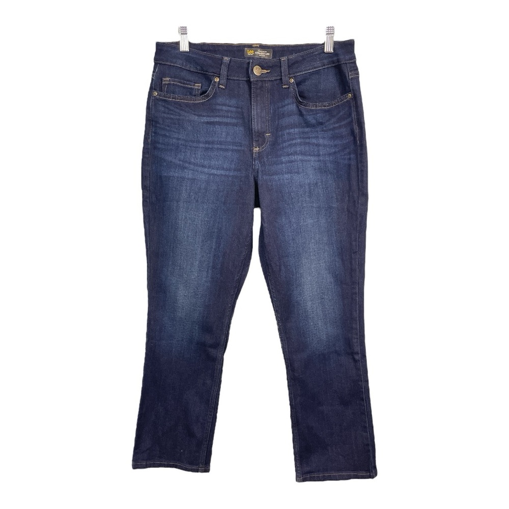 Lee Women's Petite Size 10 10P Straight Leg Jeans Mid Rise Dark Blue Stretch